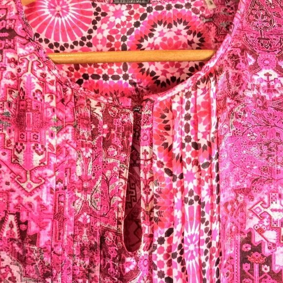 Elie Tahari Magenta Pink Print Silk Pleated Tunic Top - Picture 3 of 7